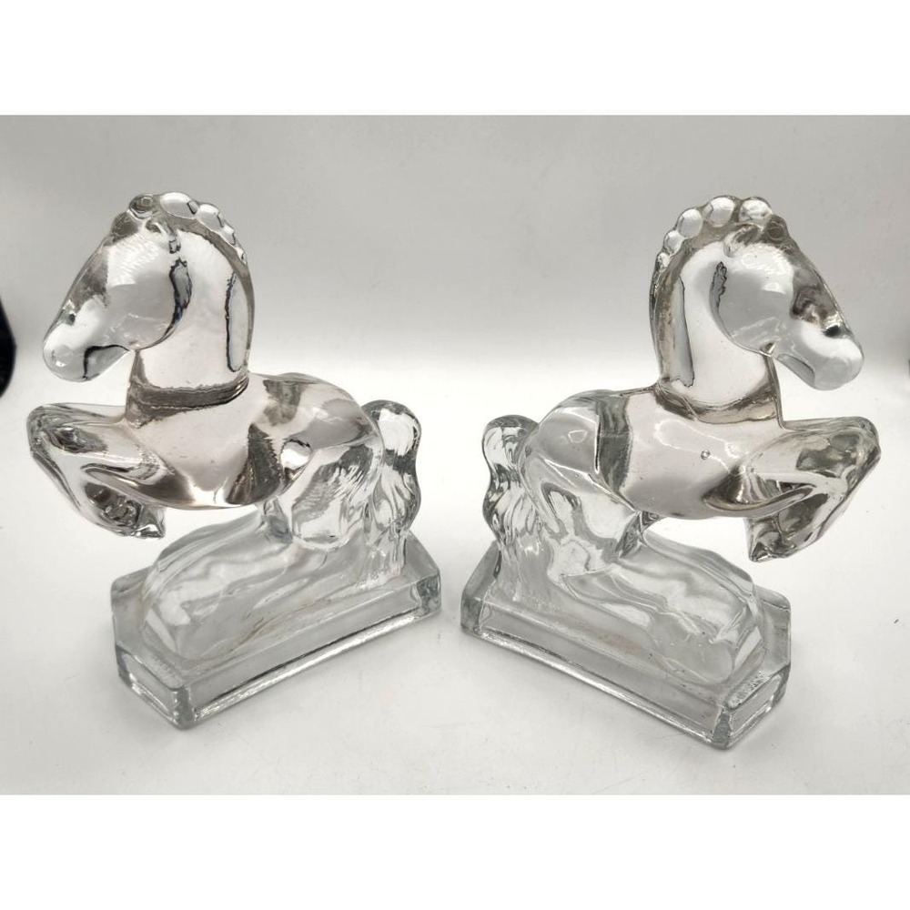 L. E. Smith Glass Rearing Horse Bookends - Pair - MCM Heavy Clear Vintage